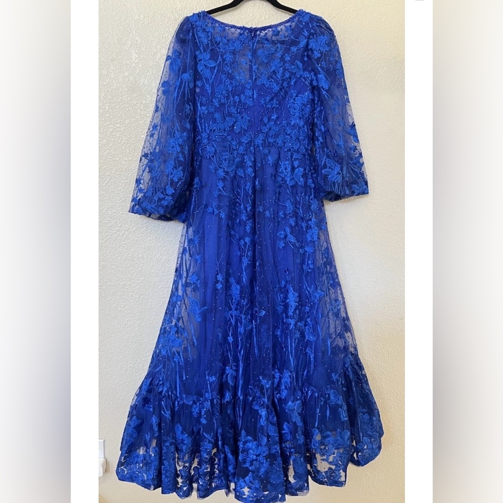 New Mac Duggal 20512 V Neck Mech Puff Sleeve A Line Embellished Dress Blue Sz 8 - Picture 6 of 9